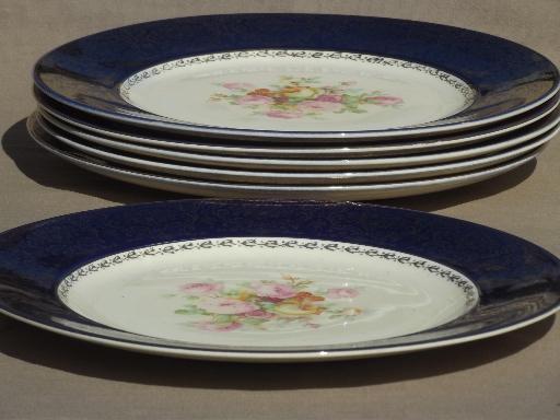 antique china plate chargers, cobalt blue gold lace filigree & floral