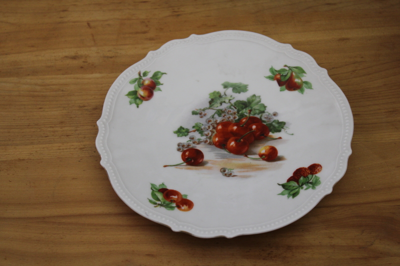 antique china plate w/ cherries print, early 1900s vintage decorative wall hanging art plate
