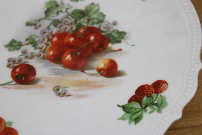 antique china plate w/ cherries print, early 1900s vintage decorative wall hanging art plate