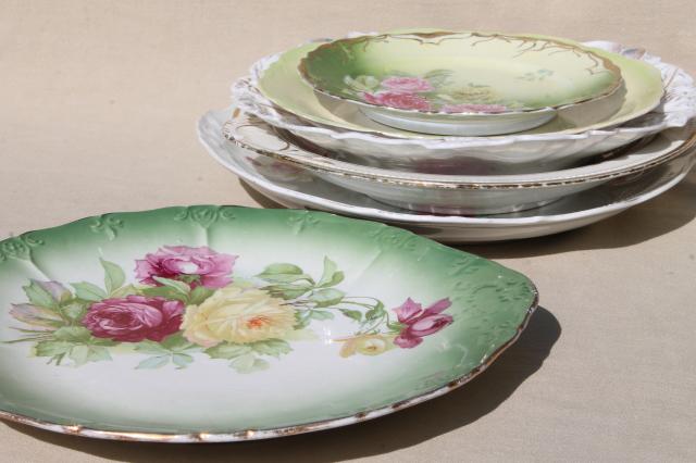 antique china plates, green & pink roses painted dishes, vintage shabby cottage chic