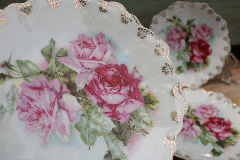 antique china plates, shabby vintage pink roses dessert set w/ old Bavaria backstamp