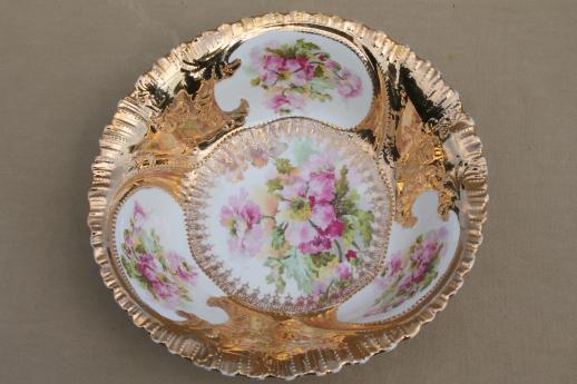 antique china serving bowl w/ gorgeous gold encrusted floral, RS Prussia or Germany vintage