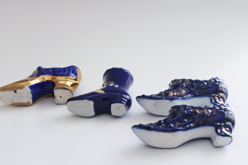 antique china shoes  high button boots, turn of the century vintage cobalt blue