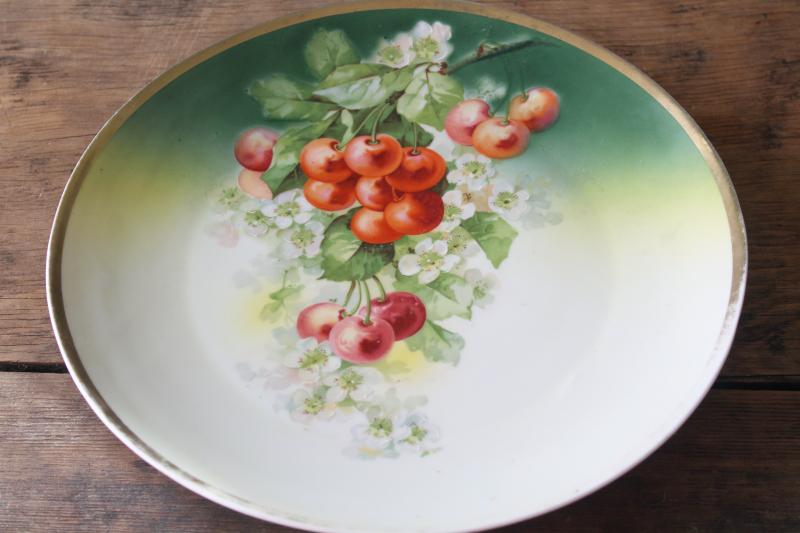 antique china tray or plate w/ cherries & cherry blossoms, Germany three crowns mark