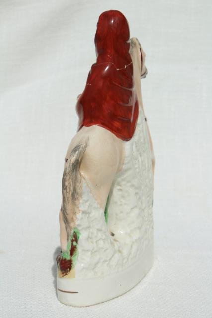 antique circa 1900 Old Staffordshire china figure, red riding hood egg basket lady on horse back