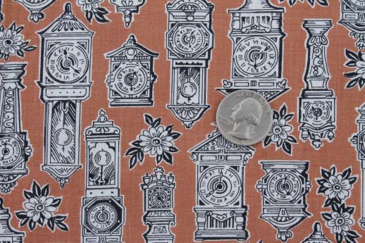 antique clocks print cotton fabric, mid-century vintage fabric w/ steampunk style
