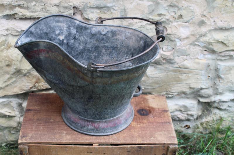 antique coal bucket scuttle w/ worn original paint, vintage primitive for fireplace or stove