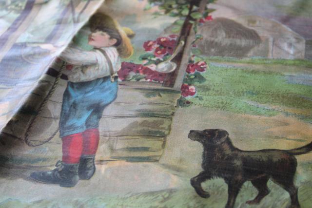 antique color litho print cotton fabric, Old Oaken Bucket late Victorian children illustration