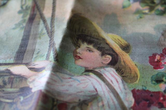 antique color litho print cotton fabric, Old Oaken Bucket late Victorian children illustration