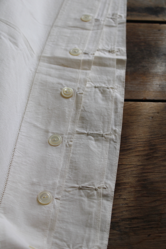 antique comforter quilt covers, elegant simple white cotton w/ french seams, pearl buttons