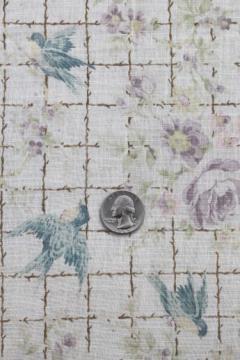 antique cotton fabric with bluebirds and flowers print, early 1900s vintage curtain panel