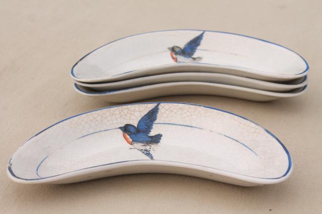 antique crescent shaped side plates, salad or bone dishes vintage bluebird china