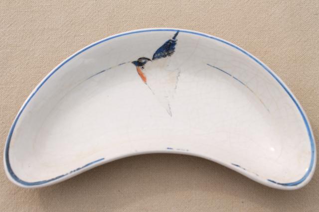 antique crescent shaped side plates, salad or bone dishes vintage bluebird china