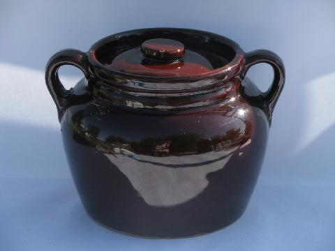antique crockery bean baker pot, vintage kitchen crock jar, USA pottery
