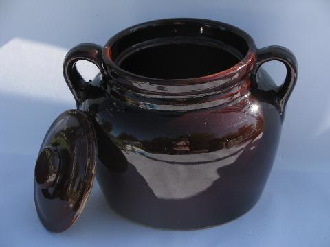 antique crockery bean baker pot, vintage kitchen crock jar, USA pottery