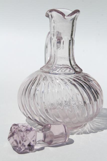antique cruet bottles, sun purple / cranberry stain EAPG pressed pattern glass cruets