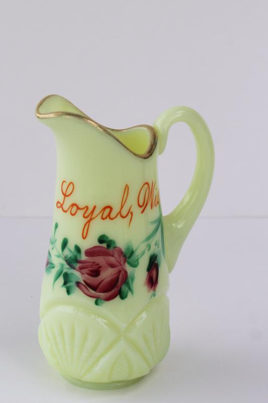 antique custard glass pitcher, hand painted souvenir of Loyal Wisconsin