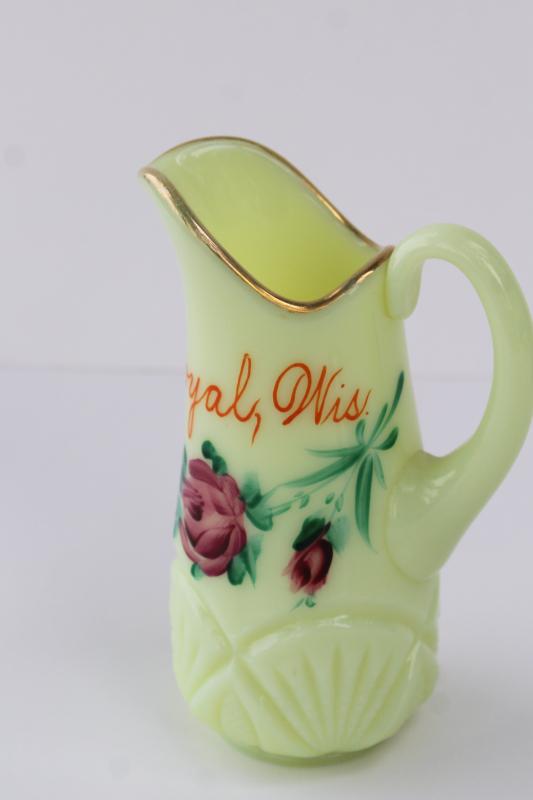 antique custard glass pitcher, hand painted souvenir of Loyal Wisconsin
