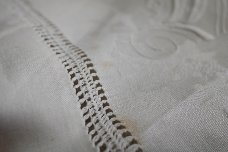 antique damask tablecloth w/ hand embroidered whitework monogram, drawn thread border