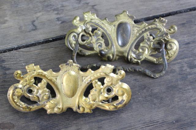 antique drawer pulls, shabby ornate french country style gilt brass embossed handles