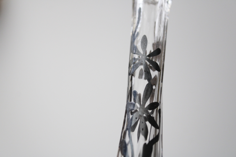 antique early 1900s vintage Dugan glass twig vase, small bud vase w/ silver floral pattern