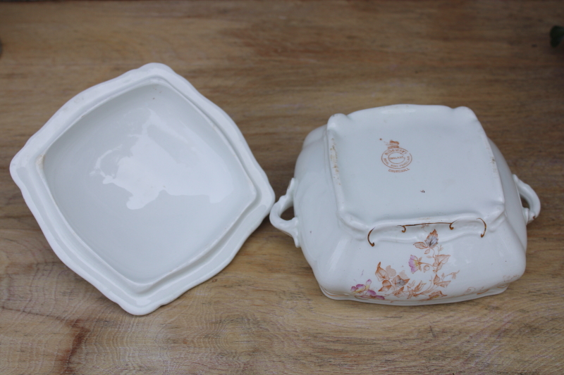 antique early 1900s vintage Ridgways England ironstone china, small square covered dish