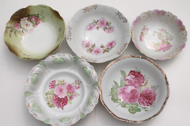 antique early 1900s vintage china serving bowls w/ hand painted flowers, pink roses