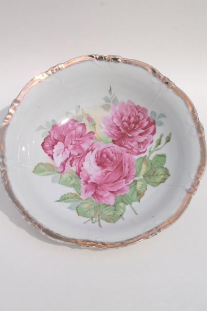 antique early 1900s vintage china serving bowls w/ hand painted flowers, pink roses
