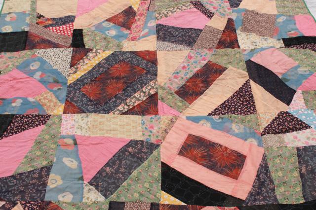 antique early 1900s vintage crazy quilt w/ hand stitched patchwork & embroidery
