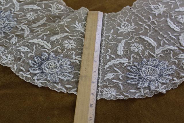 antique early 1900s vintage embroidered net lace shawl collar w/ hand beaded silver flowers