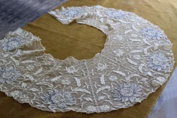antique early 1900s vintage embroidered net lace shawl collar w/ hand beaded silver flowers