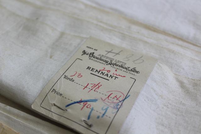 antique early 1900s vintage fabric, pure linen remnants w/ old paper labels