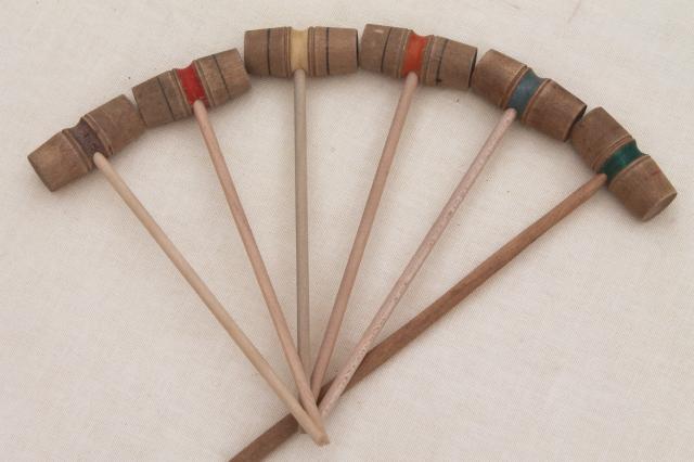 antique early 1900s vintage table game, tabletop croquet set w/ tiny wood balls & mallets