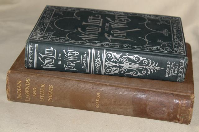 antique & early century books w/embossed art bindings, rustic western camp decor