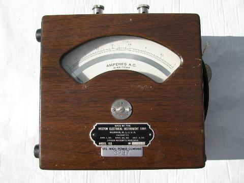 antique early electric Weston wood ammeter leather case