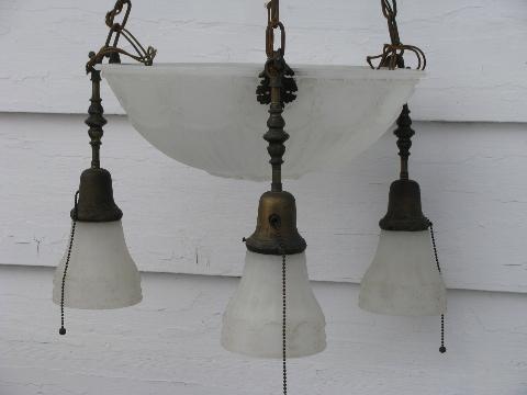 antique early electric brass pendant light, glass dome & shades, vintage lighting