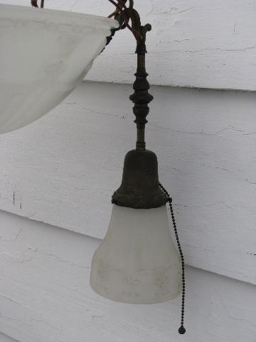 antique early electric brass pendant light, glass dome & shades, vintage lighting