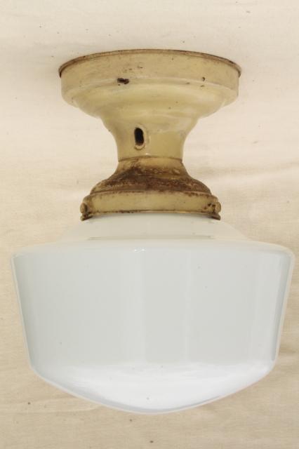 antique electric ceiling fixture light with industrial / schoolhouse milk glass lamp shade