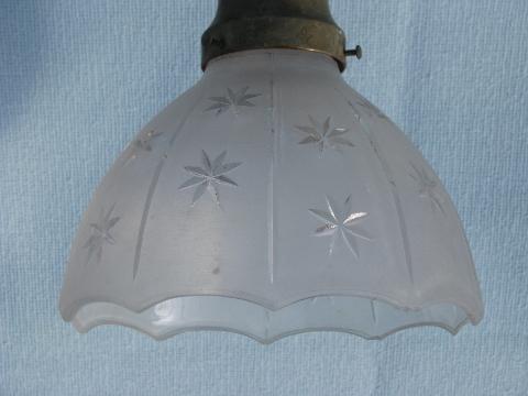 antique electric ceiling light fixtures, solid brass w/ old etched glass shades