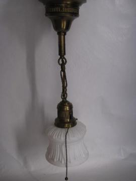 antique electric embossed ornate brass pendant light, old satin glass lamp shade