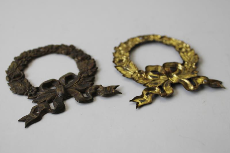 antique embossed brass hardware, wreath decorative appliques, furniture or frame ornaments