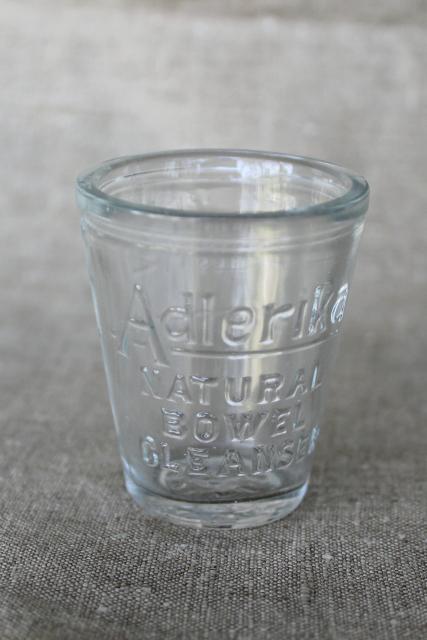 antique embossed measure glass medicine dose cup, Adlerika quack remedy bowel cure