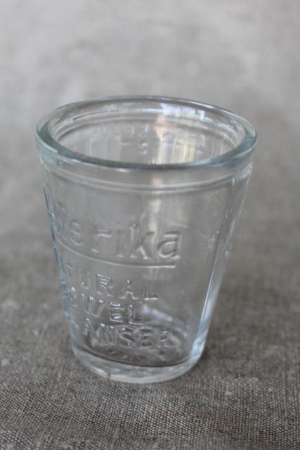 antique embossed measure glass medicine dose cup, Adlerika quack remedy bowel cure