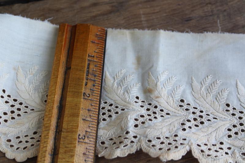 antique embroidered cotton eyelet edging, wide flounce early 1900s vintage sewing trim
