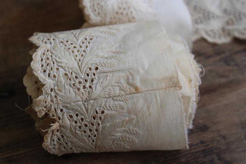 antique embroidered cotton eyelet edging, wide flounce early 1900s vintage sewing trim