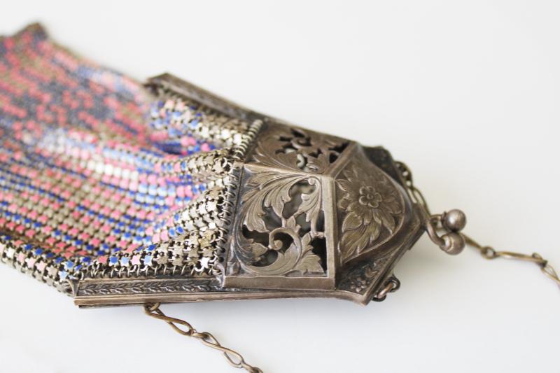 antique enamel metal mesh purse ornate pierced frame, Mandalian or Whiting & Davis