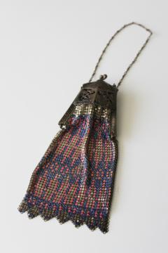 antique enamel metal mesh purse ornate pierced frame, Mandalian or Whiting & Davis