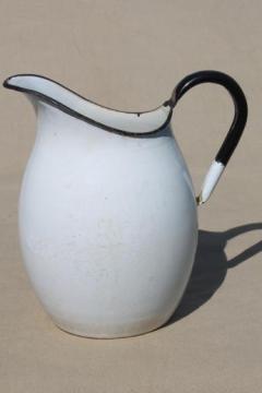antique enamelware wash pitcher, shabby vintage white enamel water pitcher