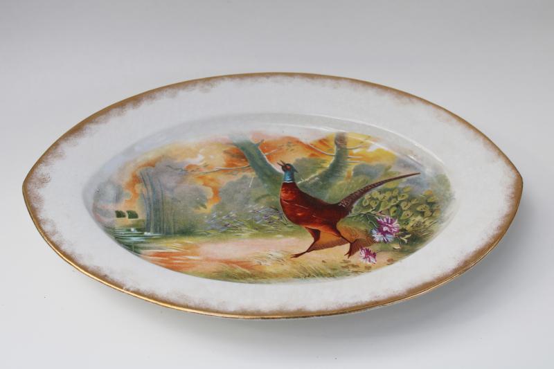 antique estate china, game bird serving platter w/ wild pheasant, turn of the century vintage