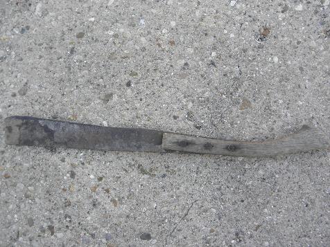 antique farm field tool, vintage machete or corn knife w/ old wood handle